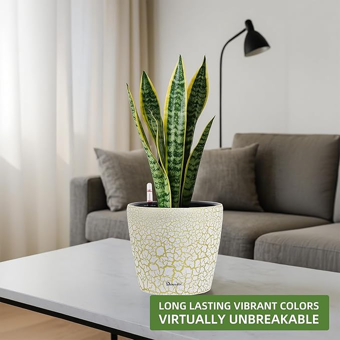 Dexceder 9x8 Inches Self Watering Planter Indoor Outdoor, Inner Pot Design, Thickened Table Flower Plant Pot with Water Level Indicator (White Gold Crackle)