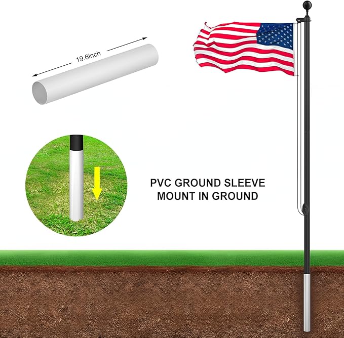 Flag Pole Kit 20FT, 12 Gauge 1.8mm Thickness Heavy Duty Flag Poles with 3x5 American Flag, Black Flag Pole for Outdoor House In Ground, Extra Thick Flagpoles Suitable for Yard and Garden