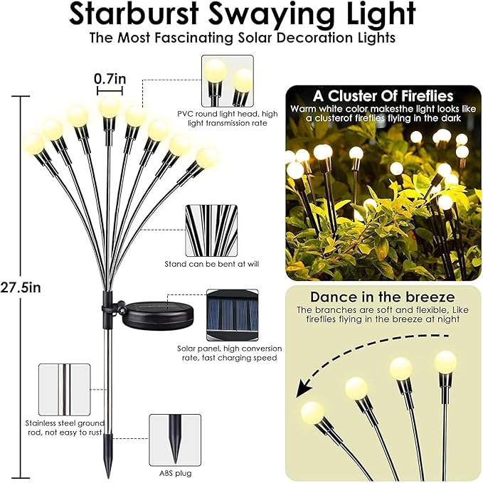 OZS 10PK Total 80LED Solar Garden Lights - Solar Lights Outdoor, Solar Firefly Lights, Solar Swaying Light, Sway by Wind, Solar Fairy Lights Waterproof for Pathway Pathway Decoration(Warm White)