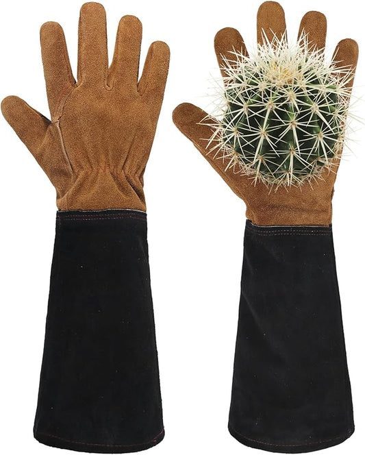 HANDLANDY Pruning Gloves Long for Men & Women, Pigskin Leather Rose Gardening Gloves- Breathable & Durability Gauntlet Gloves (Black-brown, X-Large (Pack of 1))
