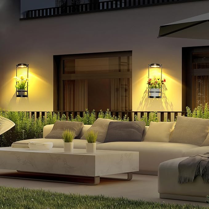 Solar Yard Wall Light with Plant Stands, Wireless Outdoor Solar Wall Lamp with 2 Modes & IP45 Waterproof Dusk to Dawn LED Outdoor Solar Lights for Garden Patio Yard Decoration (1Pack)