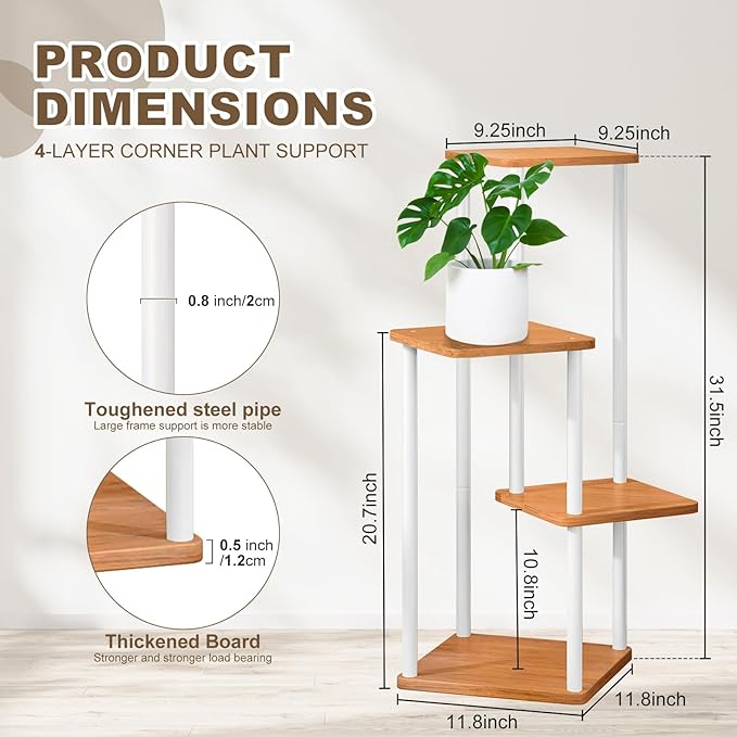 4 Tier Wood Tall Plant Stand Metal Rack Indoor, Multiple Flower Pot Holder Shelves Corner Rack, Planter Shelf Display Rack Storage Organizer for Patio Living Room Balcony Garden(White)