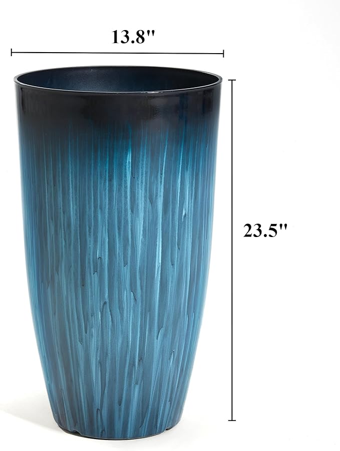 Worth Garden 23.5" H. Large Plastic Planters - Set of 2 Gradient Blue Glossy Smooth Finish - Tall Plant Pots for Indoor & Outdoor Use - Decorative Lightweight Flower Pot for Front Porch, Patio, Deck