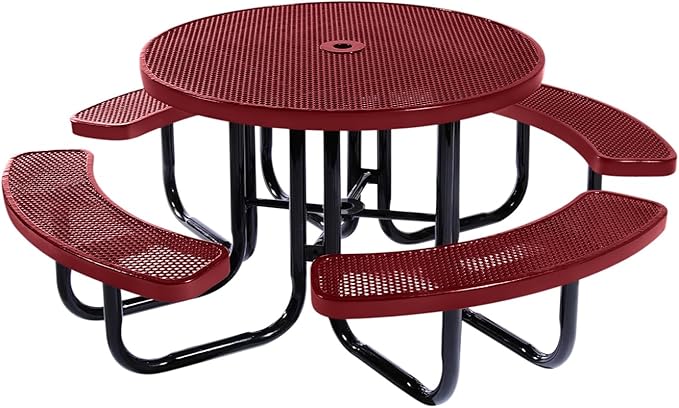 Heavy-Duty Portable Outdoor Picnic Table with Umbrella Hole, Punched Steel Commercial-Grade Patio Dining Furniture Made in America (46" Round Top, Burgundy)