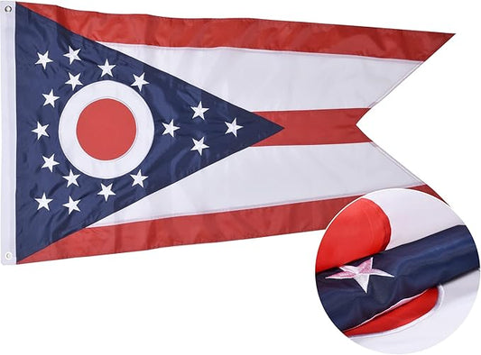 Ohio State Flag 3x5 Ft, Deluxe Embroidered Heavy Duty Polyester Durable OH Outside Flags, Indoor/Outdoor, Sewn Stripes and Brass Grommets