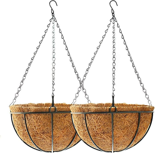 Hanging Plant Basket Flower Holder (2pack, 14 inch)-Metal Wire Round Hanging Basket Planter with Coco Fiber Liners for Plants Flower Pots Indoor Outdoor Garden Porch and Balcony Decor