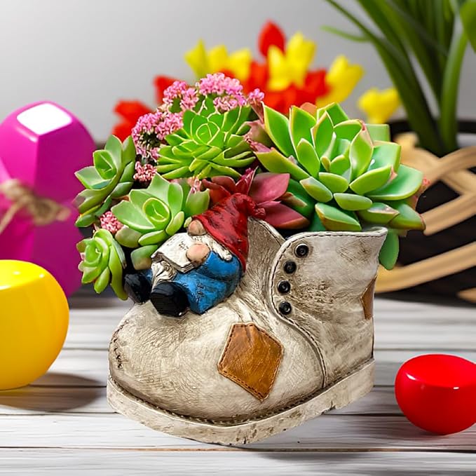Cute Planter Pot Suitable for Indoor and Outdoor, Small gnome Resin Succulent Plant Flower pots, Decorative Fun Flower pots with Drainage Holes, Ideal Home and Garden Decoration Gifts