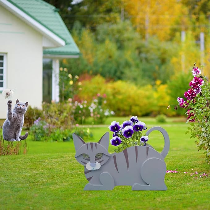 Blue Cat Planter Plant Pots,Cute Garden Cat Flower Planter,Cat Planters Birthday Gifts for Women,Office,Indoor/Outdoor Decor（12.5 * 5.6 * 7.8in）