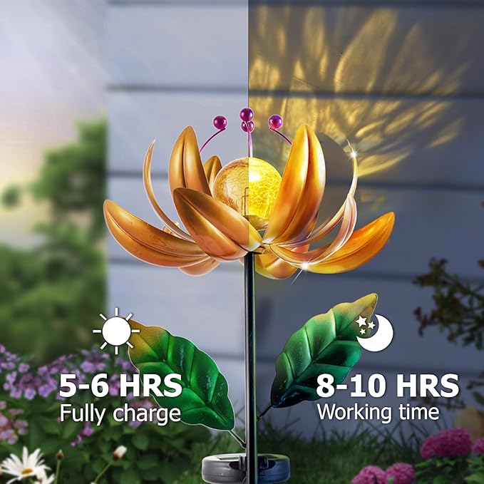 Solar Lights Wind Spinners for Yard and Garden - Metal Lotus Flower Windmills LED Crackle Glass Globe Outdoor Garden Decor Yard Art Lawn Ornament