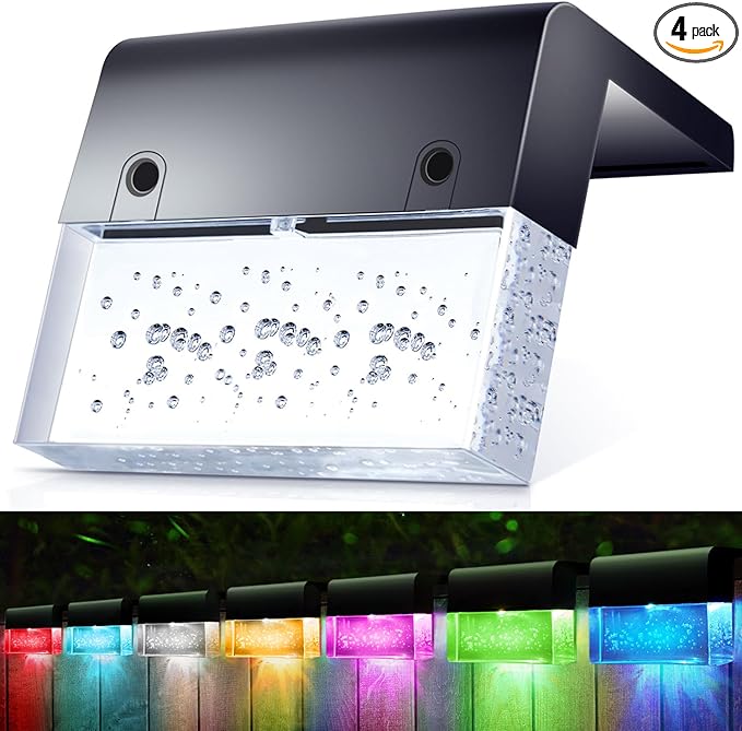 4 Pack Solar Fence Lights, 2 Lighting Modes Step Lights Outdoor, Acrylic Bubbles LED Super Bright Waterproof Solar Deck Light for Outside Stair Fence Step Pool Backyard Decor (Warm White/7 Color)