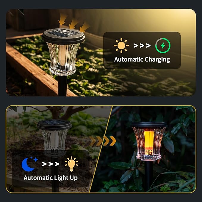 Glass Solar Torch Lights Outdoor Waterproof, Flickering Flame Tiki Torches with Modular Design, Auto On/Off LED Solar Lights for Garden Patio Yard Lawn Pathway Walkway Decorations (6 Pack)