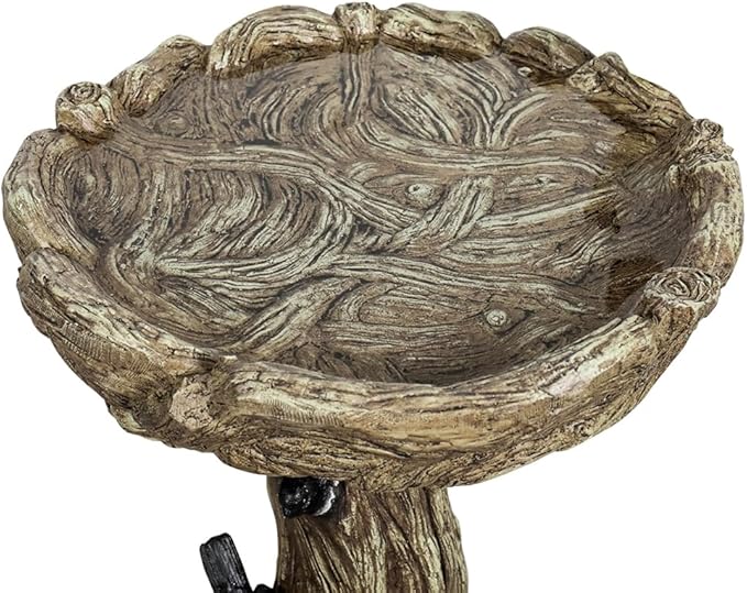 SunJet 23 Inch High Wood-Look Concrete Bird Bath with Decorative Faux Bird – Birdbath Rustic & Long-Lasting Design, Enhances Garden, Patio, Yard, Lawn Decor