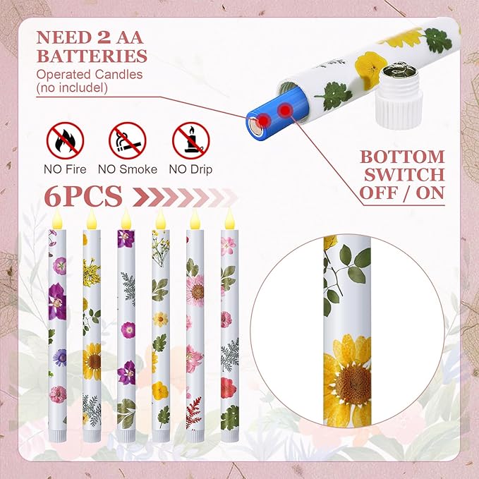Nuanchu 6 Pcs Floral Taper Candles 10.6 Inch Pastel Flameless Candle Battery Operated Dried Flower Candlestick LED Pressed Floral Candlestick for Summer Home Wedding Dining Garden Party Decoration