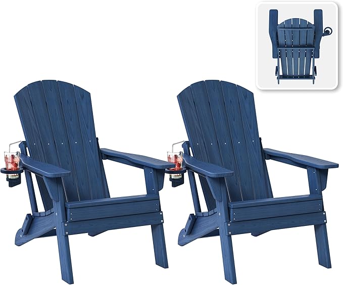 Folding Adirondack Chair Set of 2 with Cup Holder, HDPE All Weather Resistant Plastic Outdoor Patio Chairs, Heavy Duty Fire Pit Seating for Backyard Lawn Garden, Wooden Textured Design(Navy Blue)
