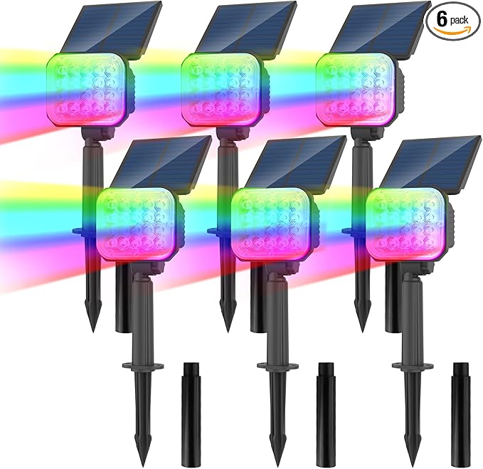 Solar Spot Lights Outdoor, RGB Color Changing Solar Lights Outdoor Waterproof IP65, Adjustable Panel Solar Landscape Spotlights for Tree Yard Halloween Landscape Decor, 6 Pack(Multicolor)