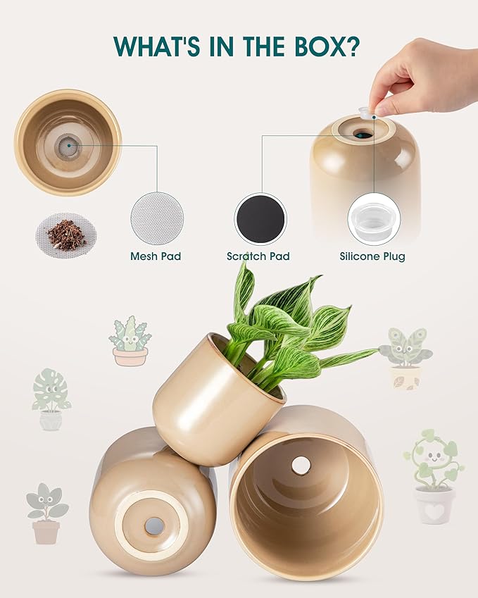 vancasso Ceramic Plant Pots, 4+5+6 inches, Set of 3, Planters with Drainage Hole, Flower Pots Planters Pots for Indoor Plants, Modern Indoor Decorative Garden Pot, Home Decor, Brown