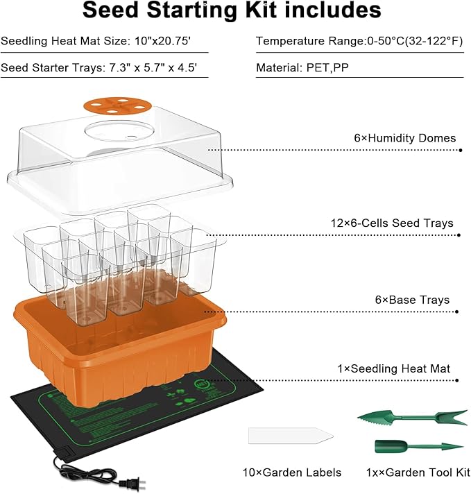 GooingTop Seedling Trays + Heat Mat 10''x20.7'', 6 Pack 72 Cells Plant Grow Starter with Adjustable Humidity Vent for Mini Greenhouse Garden Germination,Bonsai Seed Starting Growing