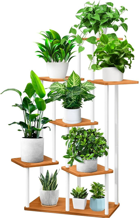 7 Tier Wood Tall Plant Stand Metal Rack Indoor, Multiple Flower Pot Holder Shelves Corner Rack, Planter Shelf Display Rack Storage Organizer for Patio Living Room Balcony Garden(White)