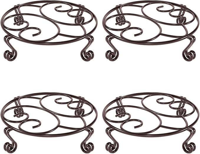 Yimobra 4 Pack Plant Stand for Flower Pot Heavy Duty Potted Holder Indoor Outdoor Metal Rustproof Iron Garden Container Round Supports Rack for Planter (4PC Brown 9.4 x 2 IN)