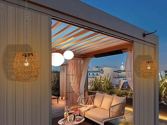 Boho Pendant Solar Light Rustic Hand-Woven Rattan Chandelier Coastal Retro Lamp Wedding Garden Courtyard Hallway Entryway Decoration.