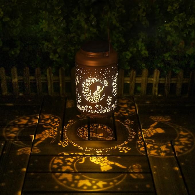Solar Lanterns Outdoor Waterproof - Cat Garden Decor Birthday Gifts for Women Mom Grandma Hanging Solars Lights Metal Solar Lantern for Outside, Patio, Outdoor, Yard, Backyard, Porch