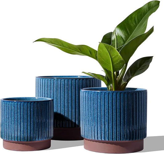 LE TAUCI Ceramic Plant Pots with Drainage Holes, Set of 3, 8+6.7+5.5 Inch Stripe Garden Planter Pots for Outdoor Indoor Plants Flower, Round Succulent Orchid Flower Pot Small to Large Size, Blue