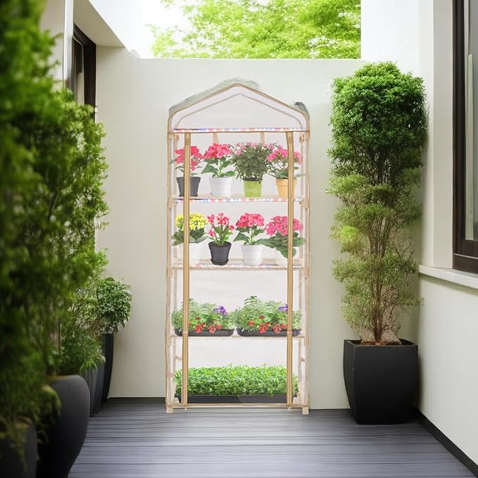 Mini Greenhouse with Grow Light , 4 Tier 27.2" ×19.9" ×61.8" Portable Greenhouse with Zippered for Seed Starting Trays , Dimmable 2ft 60W Plant Light for Indoor Plant with Timer(PLGH704OWPT)