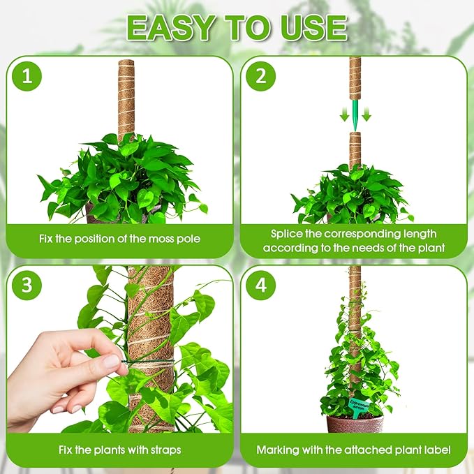 EAONE Moss Pole 96 Inch, 6 Pack 16" Monstera Plant Support for Climbing Potted Live Plants Indoor, Stackable Coco Coir Moss Sticks Monstera Stakes for Pothos Philodendron, with Garden Labels & Ties