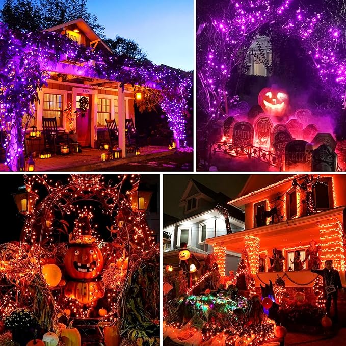 JMEXSUSS 2 Pack Purple and Orange Solar Christmas Lights, Total 400 LED 151FT Color Changing Solar String Lights Outdoor Waterproof for Outside Patio Yard Tree Halloween Christmas Decorations