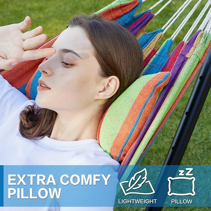 PNAEUT Double Hammocks with Stand for Outside, Portable Space Saving Heavy-Duty Steel Stand for Indoor Outdoor Patio with Carrying Bag, 450 lbs Capacity (Tropical)