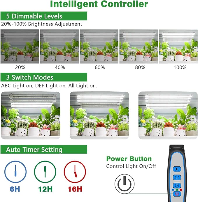Wiaxulay Grow Light, 360 LEDs Full Spectrum Plant Light for Indoor Plants, 6 Bars/16 in Grow Light Strip with Auto Timer 6/12/16 Hrs, 3 Switch Modes, 5 Dimmable Levels for Green House Hydroponics