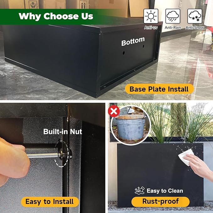 Black Steel Metallic Heavy Planter for Outdoor Plants 24"x12"x24" Outdoor Metal Planter Spliced Flower Pot with Partitions for Outside,Indoor,Garden (Black, 24 * 12 * 24)