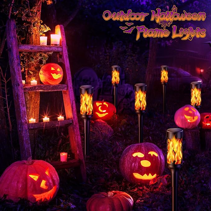8 Pack Solar Outdoor Lights, Extra-Bright Solar Torch Lights with Dancing Flickering Flames for Garden Halloween Decorations Outdoor, Waterproof Yard Decor Halloween Lights for Pathway Patio