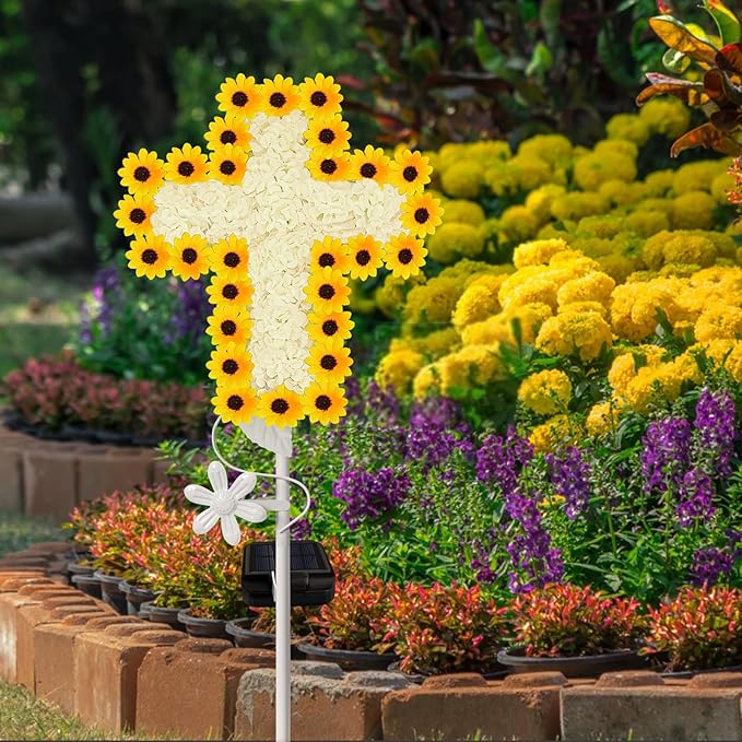 YJFWAL Solar Daisy Cross Garden Stake Lights, Yard Solar Lights Cemetery Decorations for Grave Outdoor Light Jesus Cross Sympathy Memorial Gifts for Grandmother, for Garden Yard Lawn Patio Pathway