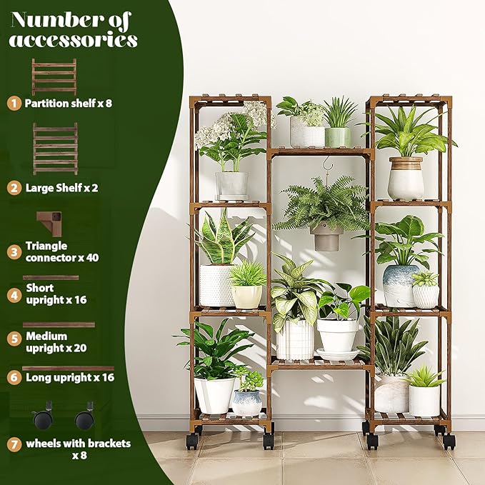 Plant Stand with Wheels Outdoor Indoor Hanging Plant Shelf for Multiple Plants Tall Large Holder for Living Room Patio Balcony Garden Corner Mobile