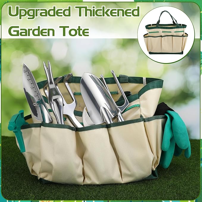 Garden Tool Set, 11 Piece Stainless Steel Heavy Duty Gardening Supplies with Green Black Handle Outdoor Weeding Gifts for Women