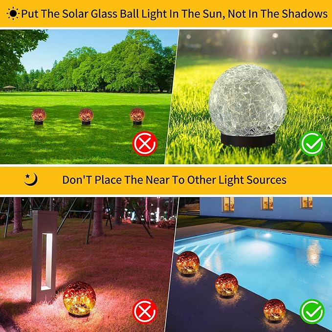 Solar Globe Lights Outdoor Waterproof-Solar Balls Garden-Cracked Glass Ball Solar Lights Outdoor-Solar Orbs Outside-Outdoor Decorations Patio & Yard Lawn Backyard Decor (GUO-XBQ-6-6-6)