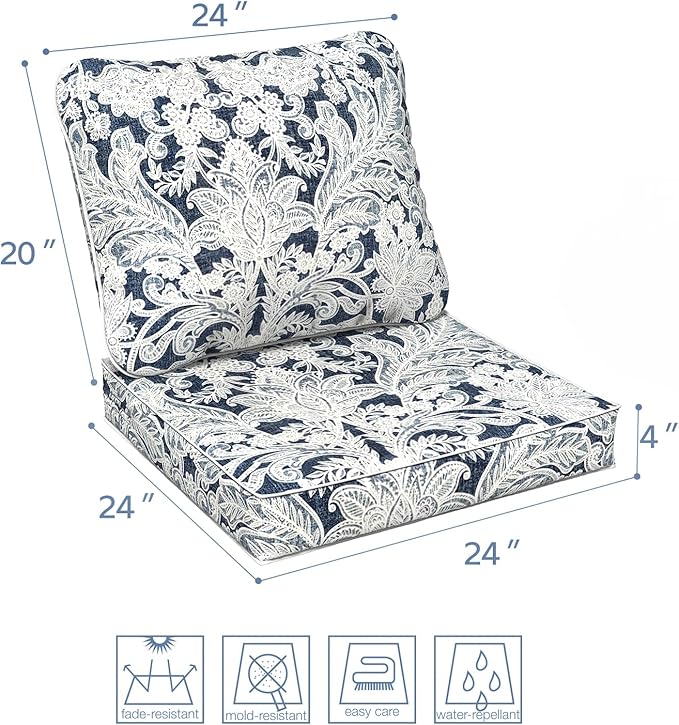 LVTXIII Outdoor/Indoor Deep Seat Cushion Patio Seat and Back Cushion Set All-Weather Replacement Chair Cushion for,Wicker Chairs and Garden Furniture Decoration, 24"x24"x4", Damask Lapis