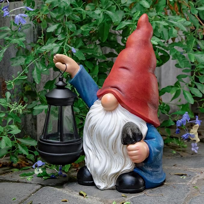 Garden Gnome Outdoor Decoration with Shovel Solar Gnomes Statue with Lantern LED Lights,Terrace Courtyard Lawn Patio Porch Decoration Christmas Housewarming Gift for Woman Mom