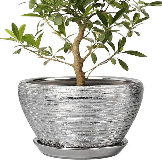 Flower Pot for Indoor Plants - Ceramic Planter 13 Inch Plant Pot with Drainage Hole and Saucer Large Decorative Planter Outdoor Mid-Century Planter for House Decor Silver
