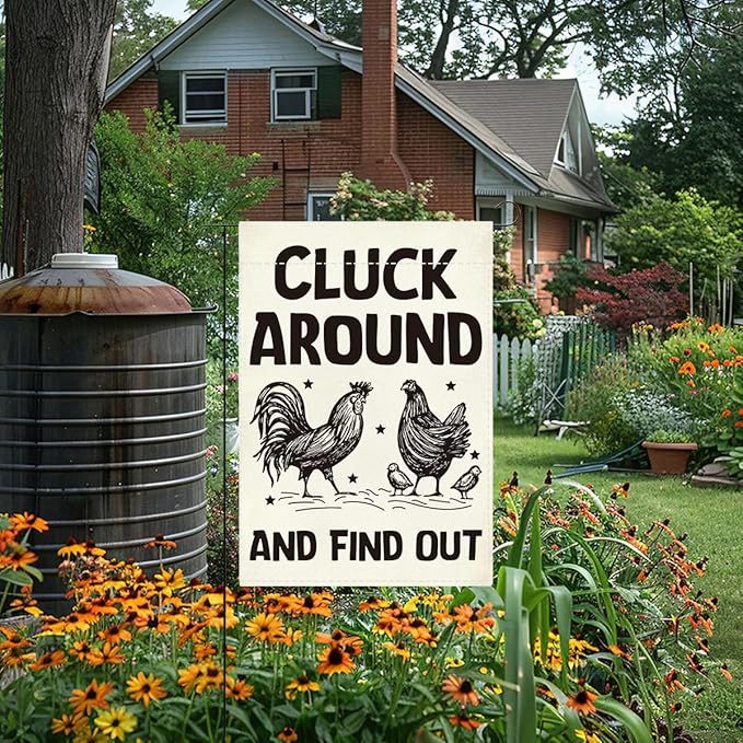 Welcome Summer Funny Chicken Garden Flag Outdoor Decorations Cluck Around And Find Out Small Double Sided Burlap art Stained Glass Style Garden Flags 12 x 18 Inch for Outside