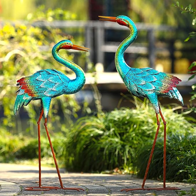 Natelf Crane Statues for Garden Decor, Blue Heron Sculptures, Metal Large Birds Lawn Sculptures & Statue for Patio Pond, Yard Decorations, Set of 2