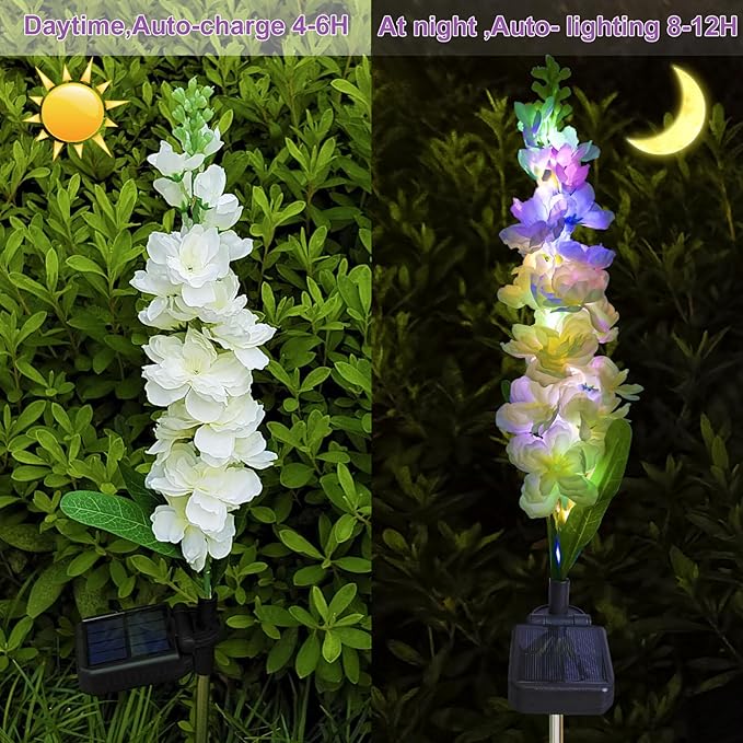 Solar Garden Lights, Solar Delphinium Flowers Lights 4 Pack 80 LEDs, Waterproof Solar Outdoor Lights Two Lighting Modes for Outside Wedding Party Garden Yard Patio Lawn Decor