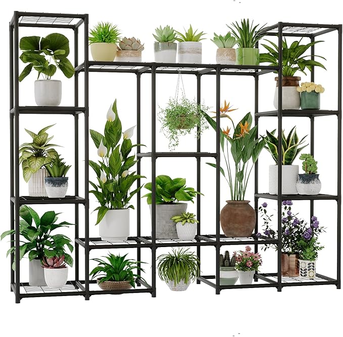 Large Plant Stand Indoor Outdoor Metal Plant Shelf Waterproof Plant Rack for Multiple Plants Wide Flower Stand for Patio Balcony Garden Black