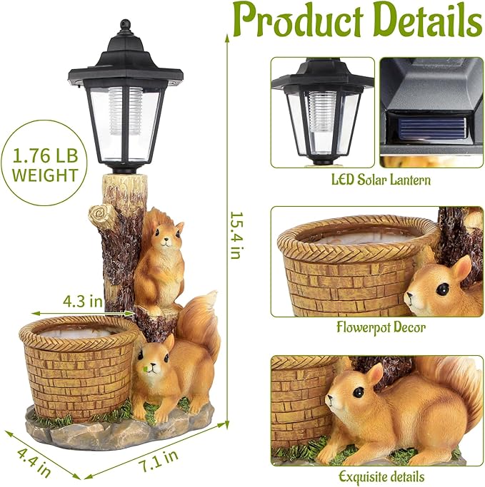 Solar Squirrels Outdoor Statues, Garden Sculptures with Flowerpot Decor & Solar Lantern for Yard Art Lawn Ornaments Porch Patio Balcony - Birthday Gifts for Women Mom