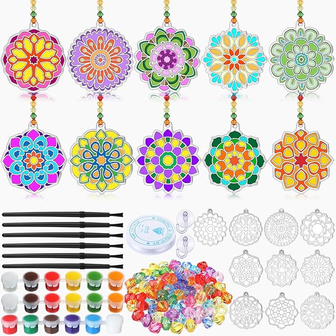 30 Sets Suncatchers Window Art Kits, DIY Sun Catchers Bulk Crafts Paint Your Own Window Ornaments for Boys Girls Classroom Home Party Birthday Activity Decor(Mandala Style)