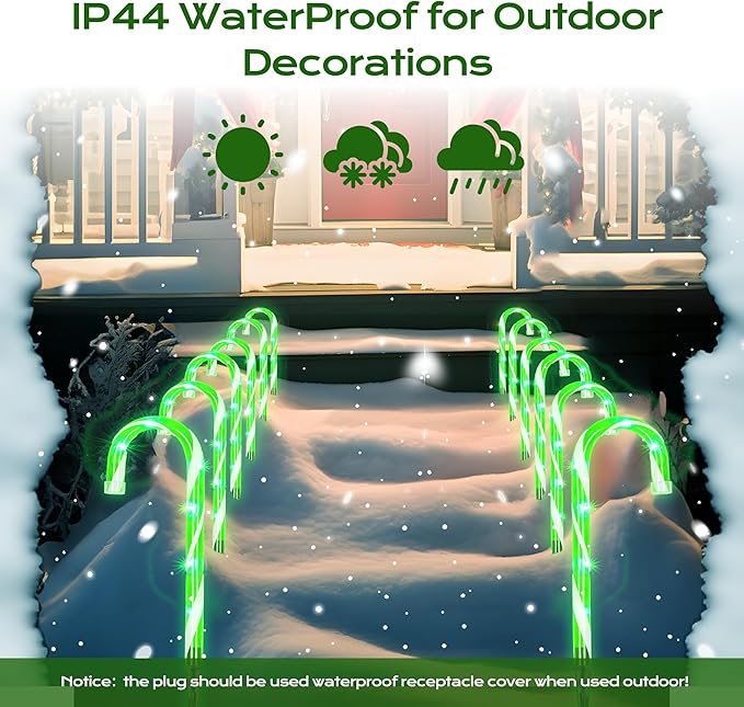 Christmas Candy Cane Lights 12Pcs Christmas Pathway Lights with 72 Count Incandescent Green Lights, Connectable 12 Inch Pathway Makers Lights for Indoor Outdoor Walkway Patio Yard Lawn Decorations