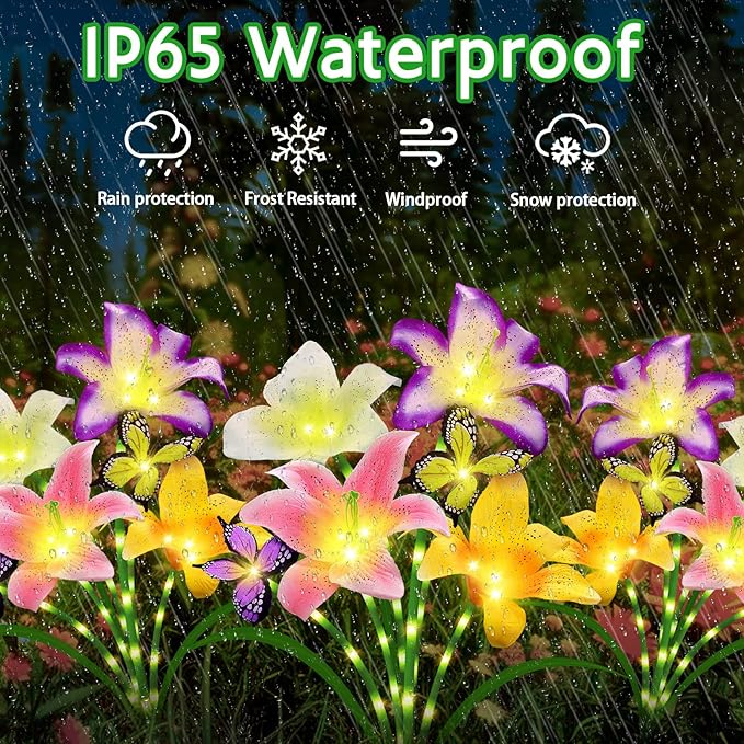 Solar Garden Lights 6 Pack 24 Lily Flowers with Butterfly Decor, Waterproof Solar Flower Lights for Outdoor - Upgraded Decorative Lilies for Yard, Patio, Pathway Decorations & Gardening Gifts