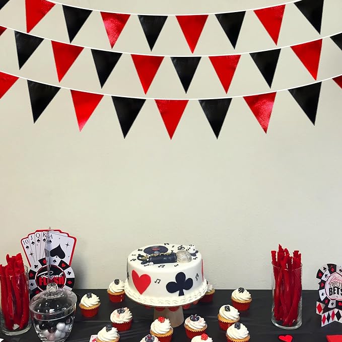 Red Black Party Decoration Metallic Fabric Triangle Pennant Banner Flag Bunting Garland for Graduation Halloween Birthday Wedding Bachelorette Anniversary Las Vegas Casino Poker Pirate Party Supplies