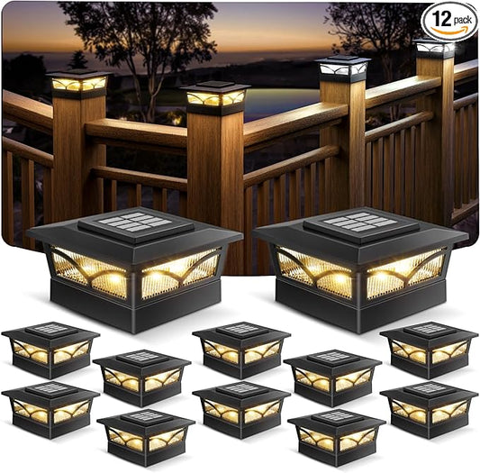 NIORSUN Solar Post Cap Lights Outdoor, 2 Modes LED, Deck Fence Post Solar Lights for 3.5x3.5 4x4 Caps Patio Garden Decoration, Warm White/Cool White Lighting Black 12 Pack